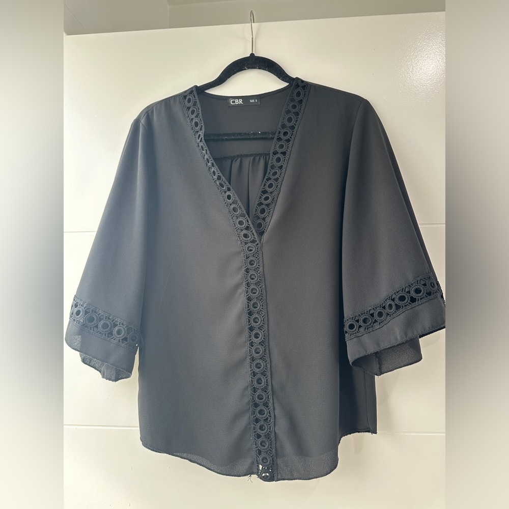 Black Lace Trim Blouse Womens Boho Chic Flowy Top Date Night Casual | Size S - Picture 9 of 13